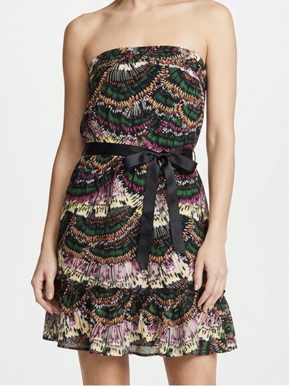 RIPE Strapless Mini Dress Ruffle Hem Ribbon Tie Black Multicolour Size 11